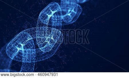 Blockchain Technology Abstract Concept. Polygons Are Connected In A Chain On A Dark Blue Background.