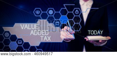 Text Caption Presenting Value Added Tax. Word For Amount Of Money Added To Cover Production And Dist