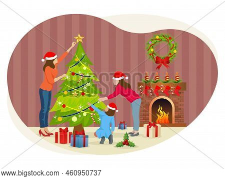 Family Home Decorating Christmas Tree Vector Illustration.