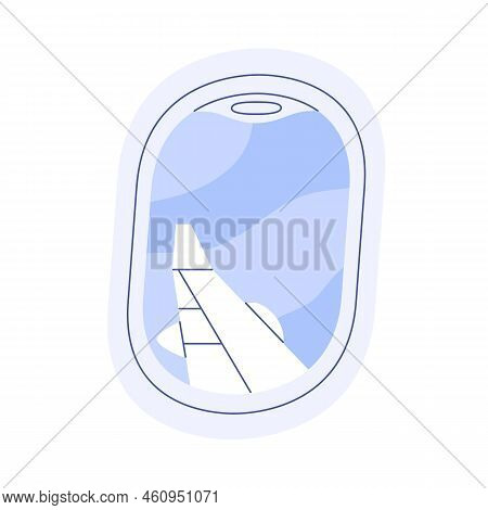 Sky View Through Porthole In Air Plane. Airplane Window During Flight, Travel. Aircraft Wing And Day