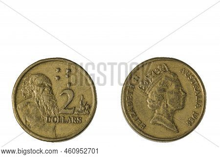 Close Up View Of Front And Back Side Of Two Dollars Australian Coin Dated 1988. Numismatic Concept.