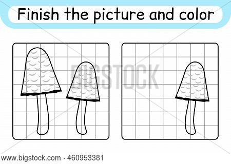 Complete The Picture Mushroom Coprinus. Copy The Picture And Color. Finish The Image. Coloring Book.