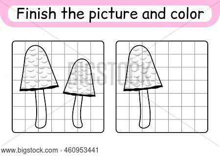 Complete The Picture Mushroom Coprinus. Copy The Picture And Color. Finish The Image. Coloring Book.