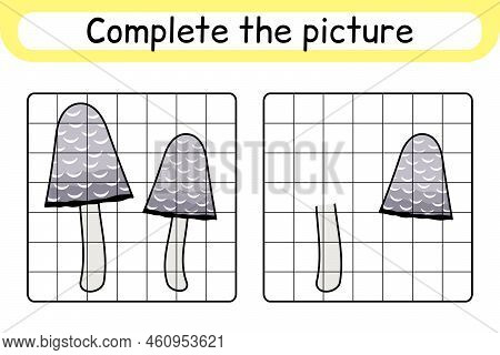 Complete The Picture Mushroom Coprinus. Copy The Picture And Color. Finish The Image. Coloring Book.