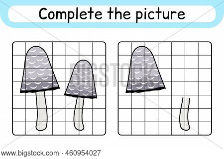 Complete The Picture Mushroom Coprinus. Copy The Picture And Color. Finish The Image. Coloring Book.