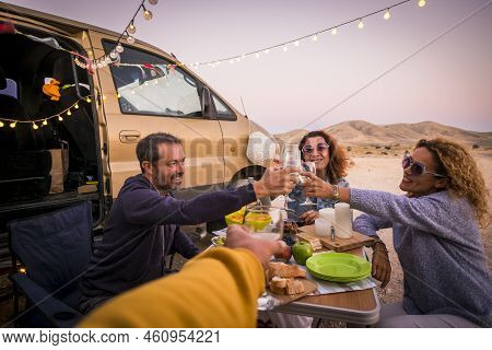 Happy People Group Of Friends Toasting And Enjoying The Travel Vacation Together - Cheerful. Womanan