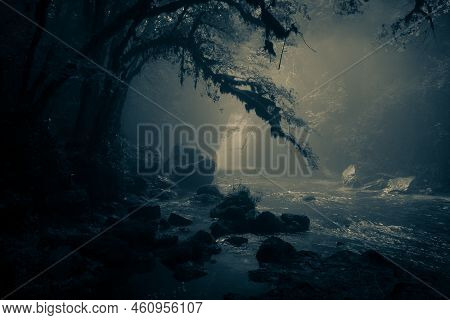 View Of River Aniene And Trevi Waterfall In The Dark Forest In Lazio Italy