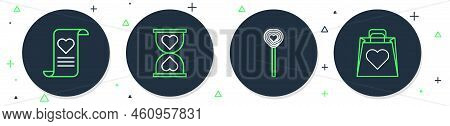 Set Line Heart In The Center Hourglass, Lollipop, Envelope With Valentine Heart And Shopping Bag Ico