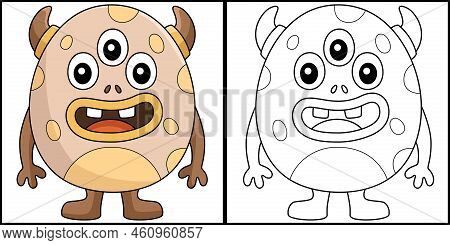 This Coloring Page Shows A Three-eyed Monster Egg. One Side Of This Illustration Is Colored And Serv