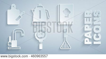 Set Fried Eggs On Frying Pan, Cookbook, Water Tap, Barbecue Spatula, Electric Kettle And Cutting Boa