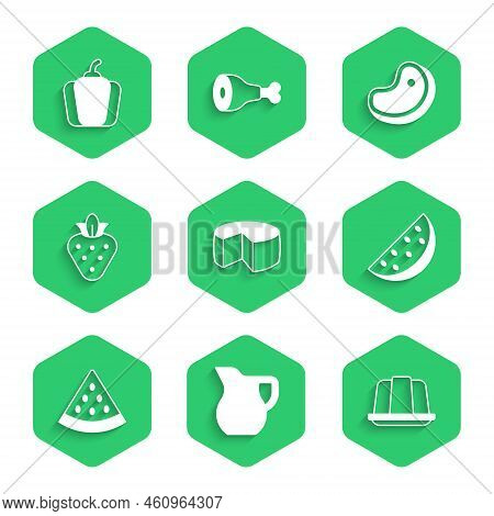 Set Cheese, Jug Glass With Milk, Jelly Cake, Watermelon, Strawberry, Steak Meat And Bell Pepper Icon