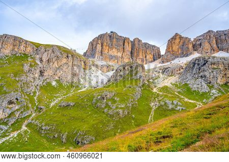 Sasso Pordoi Ridge And Cableway From Passo Pordoi. Dolomites, Italy