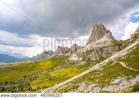 Averau Mountain And Rifugio Averau In Dolomites, Italy