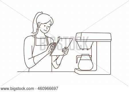 Happy Young Female Waitress In Coffeeshop Taking Order On Pad. Smiling Woman Barista Work On Tablet 