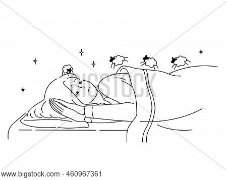 Unhappy Woman Lying In Bed Counting Sheep Suffer From Insomnia. Stressed Female Suffer From Thoughts