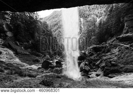 Pericnik Waterfall With Behind Path, Julian Alps, Slovenia. Black And White Image.