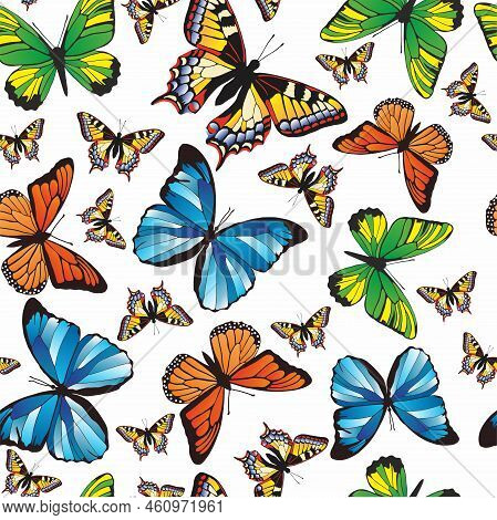 Vector Pattern With Butterflies On A White Background. Seamless Pattern For Fabric, Paper, Wallpaper