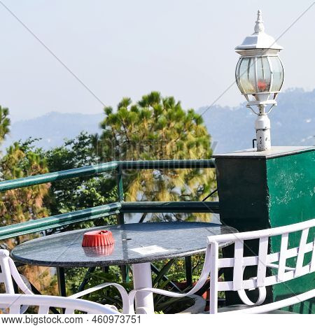 Early Morning View Of Modern Rooftop Restaurant At Kasauli, Himachal Pradesh In India, View Of Mount
