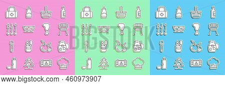 Set Line Chef Hat, Jug Glass With Water, Barbecue Grill, Picnic Basket, Watermelon, Grilled Shish Ke