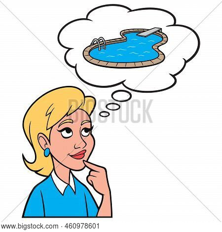 Girl Thinking About A Inground Swimming Pool - A Cartoon Illustration Of A Girl Thinking About A New