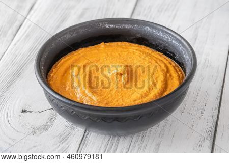 Bowl Of Classic Muhammara Spicy Dip Made Of Walnuts, Red Bell Peppers