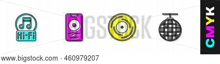 Set Music Note, Tone, Player, Vinyl Disk And Disco Ball Icon. Vector
