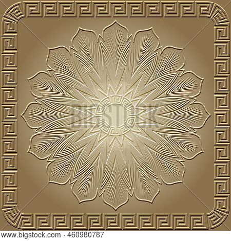 Golden Textured 3d Flower With Square Frame. Floral Beautiful Emboss Mandala Pattern. Surface Greek 