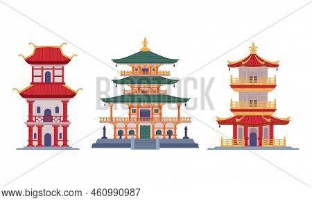 Pagoda As Chinese Tiered Tower With Multiple Eaves And Traditional Building Vector Set