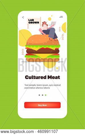 Woman With Laptop Sitting On Cultured Beef Burger Made From Animal Cells Artificial Lab Grown Meat P