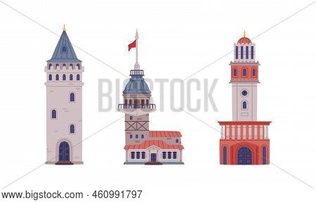 Galata And Maiden Tower As Turkey Building And Attraction Place Vector Set