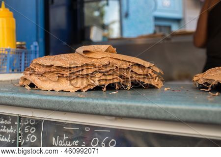 Pile Of Delicious Crepes Bretonne, Known As Galletes. France