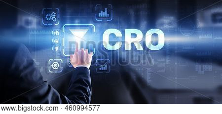 Conversion Rate Optimization. Cro Technology Finance Concept Businessman Pressing On A Virtual Scree