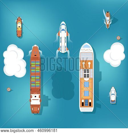 Set Of Vector Ships. Top View. Yacht And Travel, Ocean And Marine, Cruise Sea, Transport Boat And Sh