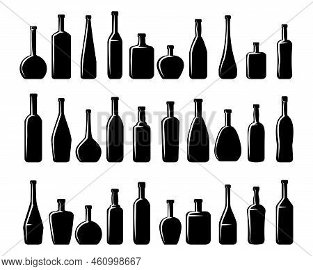 Wine Bottles And Beer Bottles Silhouettes. Alcohol Glass, Beverage And Liquid, Container Collection.