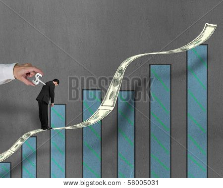Winding Winder On Businessman's Back Standing On Growing Money Trend
