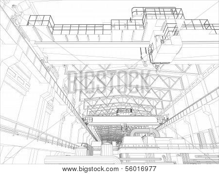 Gantry crane in a factory environment. Wire-frame
