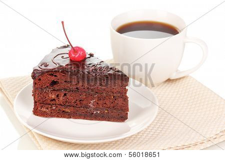 Chocolate sacher cake isolated on white
