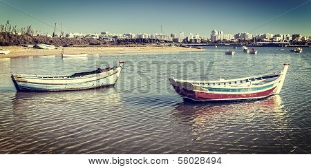 Vintage Card, Fishing Boats In The Bay Of The Village Of Ferragudo. Portugal.