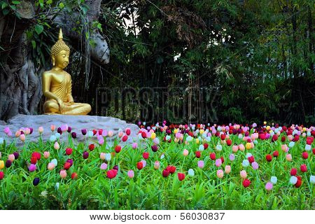 Buddha meditating above tulips