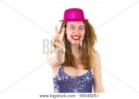 Young Woman At Party Showing V Sign
