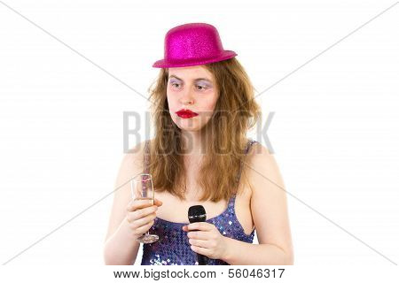 Drunken Woman Is Afraid Of Singing Something