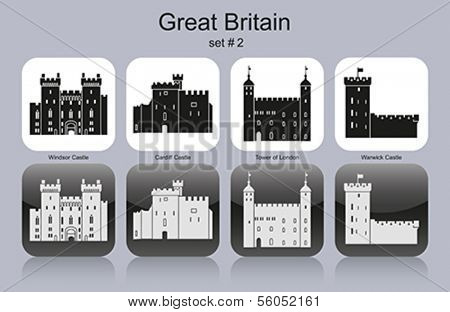 Landmarks of Great Britain. Set of monochrome icons. Editable vector illustration.