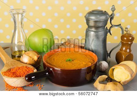 Home made vegetarian lentil soup with ingredients
