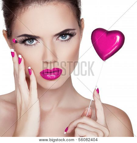 Bright Makeup. Beauty Portrait. Beautiful  Woman Touching Her Face. Perfect Fresh Skin. Pure Beauty