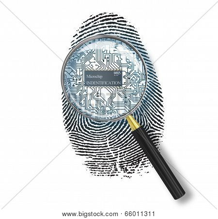 Identification Concept. Magnifying Glass Over Finger Print With Microchip On White Background