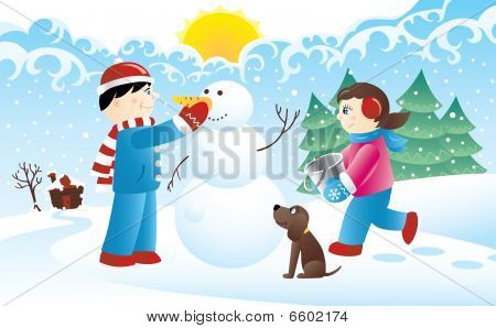 Kinder und Schneemann
