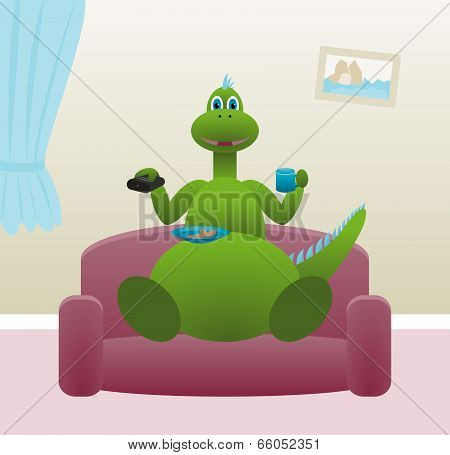 Dinosaur drinking tea at home