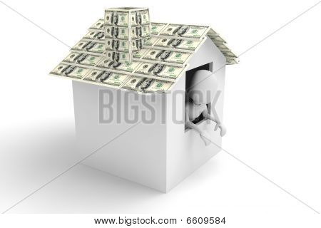 hombre 3D dentro de la casa de dinero