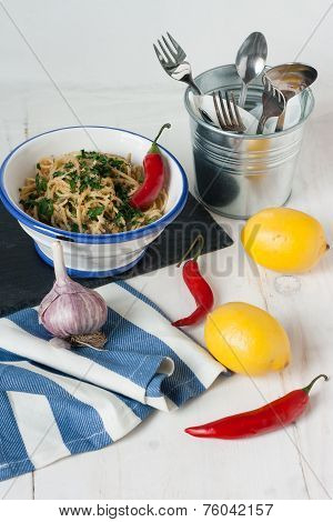 Spagettini With Chilli, Lemon And Bread Crumbs