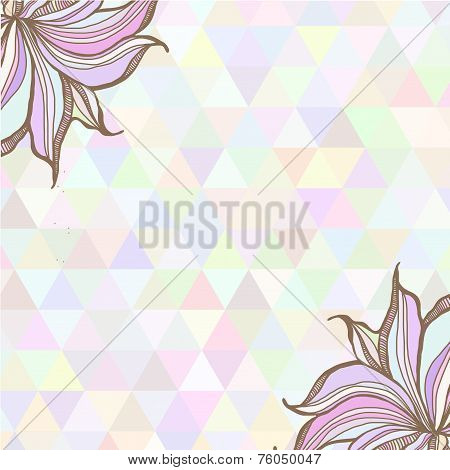 Hand drawn illustration with ornament  with triangles backdrop. Graphic colorful pastel color flower